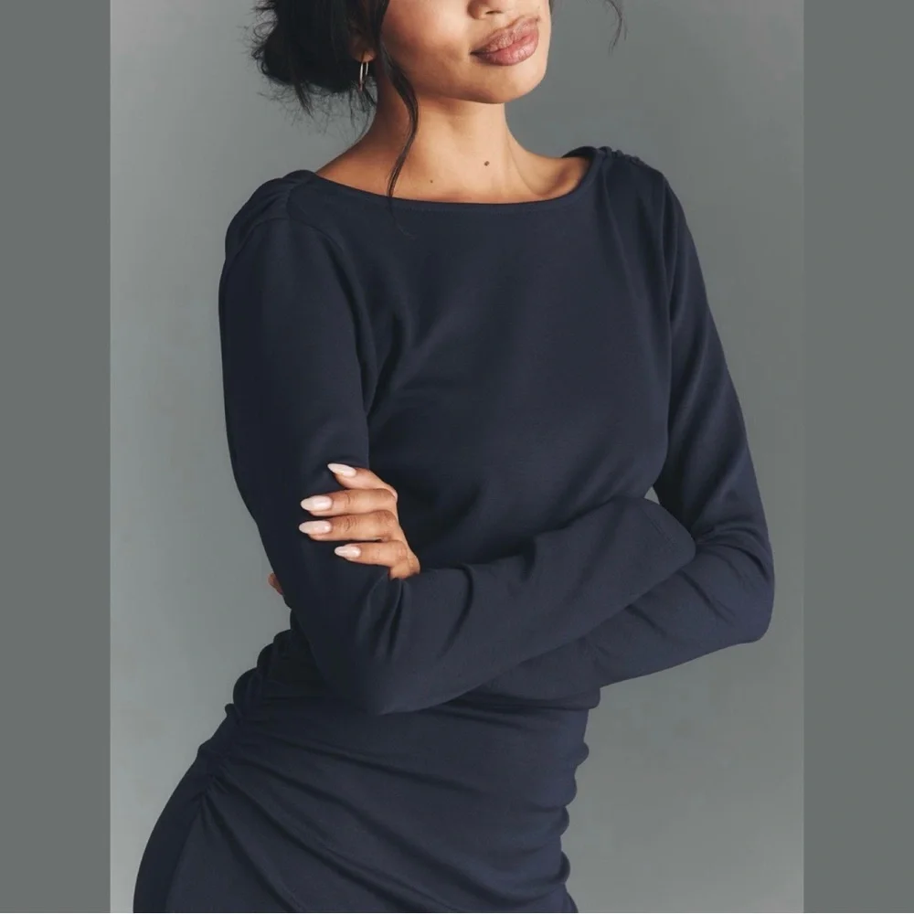 Anthropologie Long-Sleeve Cowl-Back Maxi Dress Navy Blue Medium NWT - Picture 2 of 13